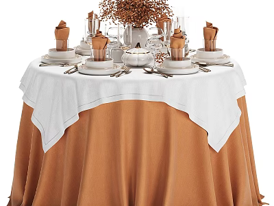 Tableware Set with Plates Cups and Folded Napkins on Dining Table with White Brown Tablecloths 3d model
