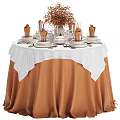 Tableware Set with Plates Cups and Folded Napkins on Dining Table with White Brown Tablecloths 3d model