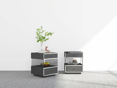 Two Modern Nightstands With Drawers Open Shelves Green Plant Vase And Small Items Decor 3d model