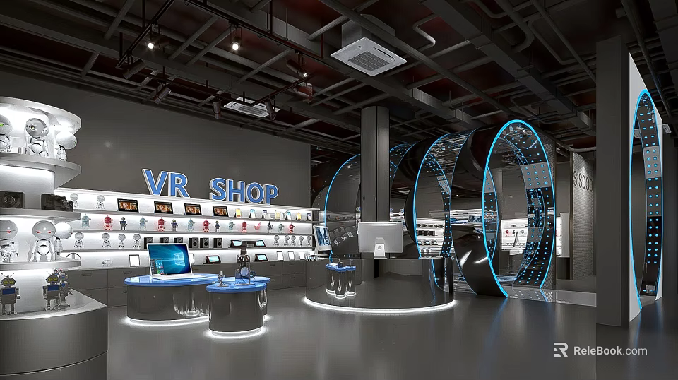 VR Shop Interior With Curved Blue Light Structures And VR Products On Display Shelves 3d model 