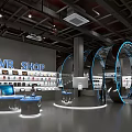 VR Shop Interior With Curved Blue Light Structures And VR Products On Display Shelves