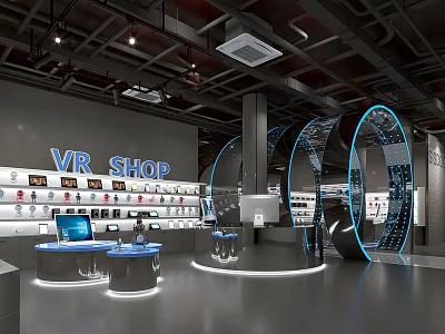 VR Shop Interior With Curved Blue Light Structures And VR Products On Display Shelves 3d model