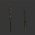Two Handmade Wooden Tools With Rope Bindings Long Stick And Green Handle