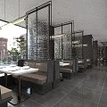 Modern Restaurant Interior With Marble Buffet Counter Dark Wood Decor And Seating Area