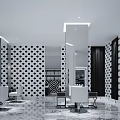 Modern Beauty Salon Interior With Black White Stripes Mirrors Chairs And Chevron Floor