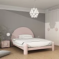 Children's Room With Pink Headboard White Bedding Gray Walls White Spherical Chandelier And Green Plant