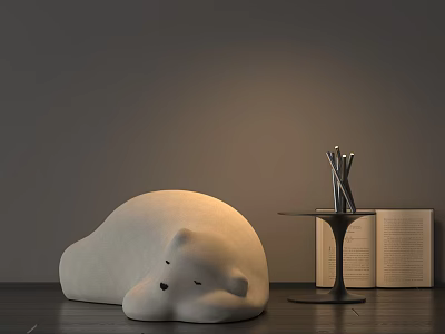 White Polar Bear Shaped Bean Bag Chair With Small Table Metal Sculpture And Open Book 3d model