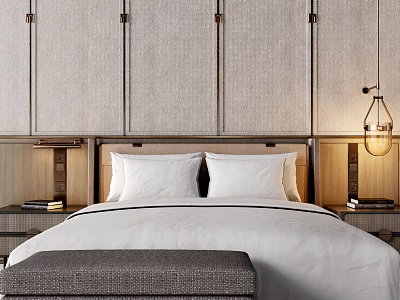 Elegant Modern Double Bed Interior With White Sheets Plush Pillows And Wall Lighting 3d model