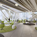 Modern Lounge Area With Circular Green Rugs Comfortable Chairs And Large Windows