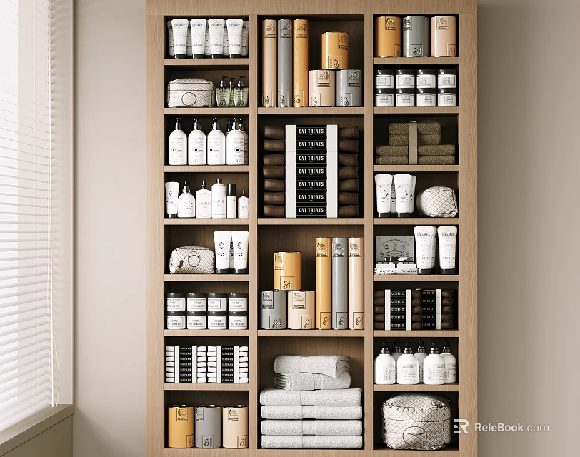 Decorative Ornament Set on Wooden Shelf with Bottles Books Towels and Jars 3d model 