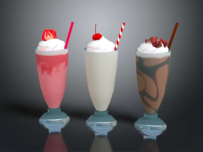 Pink White And Chocolate Milkshakes With Fresh Fruit And Chocolate Shavings In Glass Cups 3d model