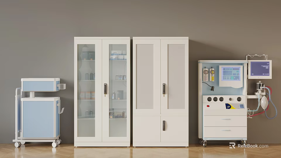 Medical Equipment Storage With Glass Door Cabinets And Clinical Devices In Healthcare Room 3d model 