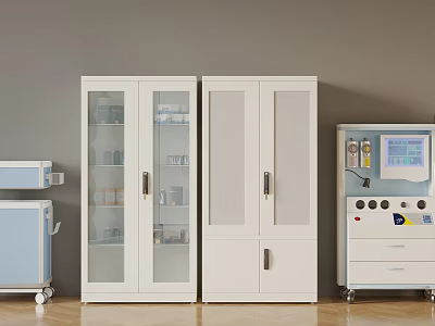 Medical Equipment Storage With Glass Door Cabinets And Clinical Devices In Healthcare Room 3d model