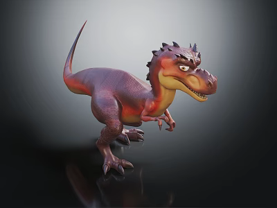 Cartoon Dinosaur Character 3D Model With Red Purple Body Spiked Back And Fierce Expression 3d model