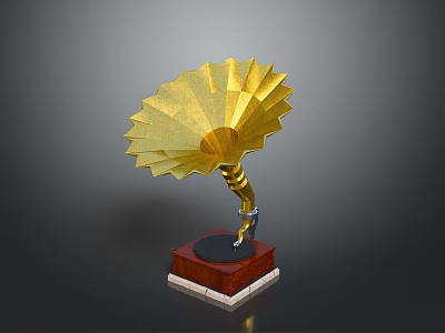Golden Phonograph Decorative Equipment With Red Wooden Base And Fan Shaped Horn 3d model