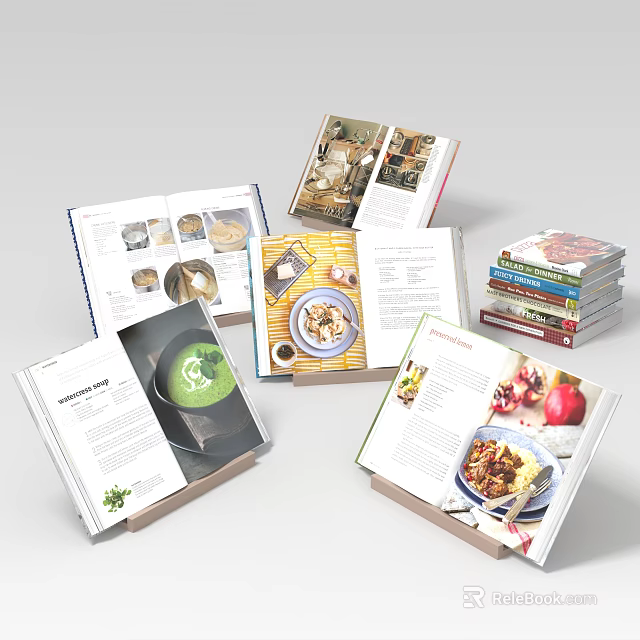 Open Cookbooks and Food Magazines Showcasing Vibrant Food Photos and Cooking Recipes 3d model 