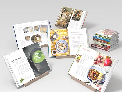 Open Cookbooks and Food Magazines Showcasing Vibrant Food Photos and Cooking Recipes 3d model