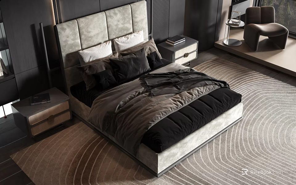 Modern Double Bed Featuring Gray Upholstered Headboard And Black Gray Bedding 3d model 