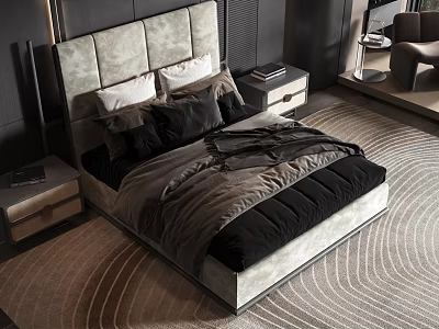 Modern Double Bed Featuring Gray Upholstered Headboard And Black Gray Bedding 3d model