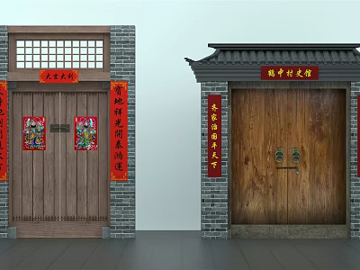 Traditional Chinese Entrance Gates With Wooden Doors Red Couplets Door Gods And Classic Roof 3d model