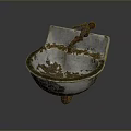 Vintage Rusty Metal Sink Featuring Small Brown Human Figure Sculpture And Battered Surface