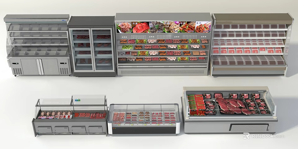 Commercial Display Refrigerators and Freezers with Fresh Meat Vegetables and Seafood 3d model 