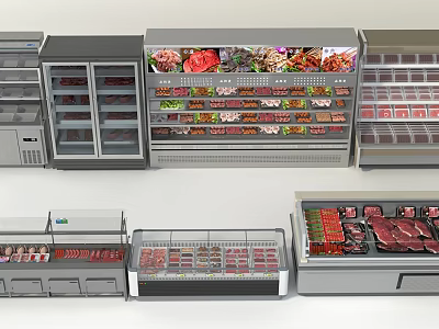 Commercial Display Refrigerators and Freezers with Fresh Meat Vegetables and Seafood 3d model