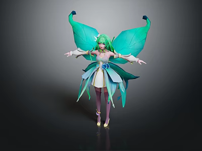 Game and Movie Character With Green Hair and Large Turquoise Butterfly Wings in Floral Dress 3d model