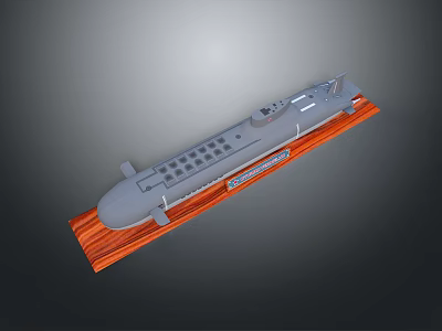 Gray Submarine Model Displayed On Wooden Base With Detailed Hull And Small Hatches 3d model