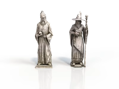 Elderly Man Wizard Statues In Silver Robe And Hat Holding Book And Staff 3d model