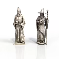 Elderly Man Wizard Statues In Silver Robe And Hat Holding Book And Staff
