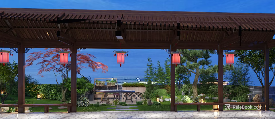 Chinese Garden Landscape with Wooden Pavilion Red Lanterns Green Trees Stone Path and Blue Sky 3d model 