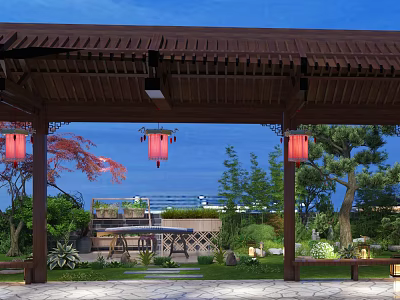 Chinese Garden Landscape with Wooden Pavilion Red Lanterns Green Trees Stone Path and Blue Sky 3d model