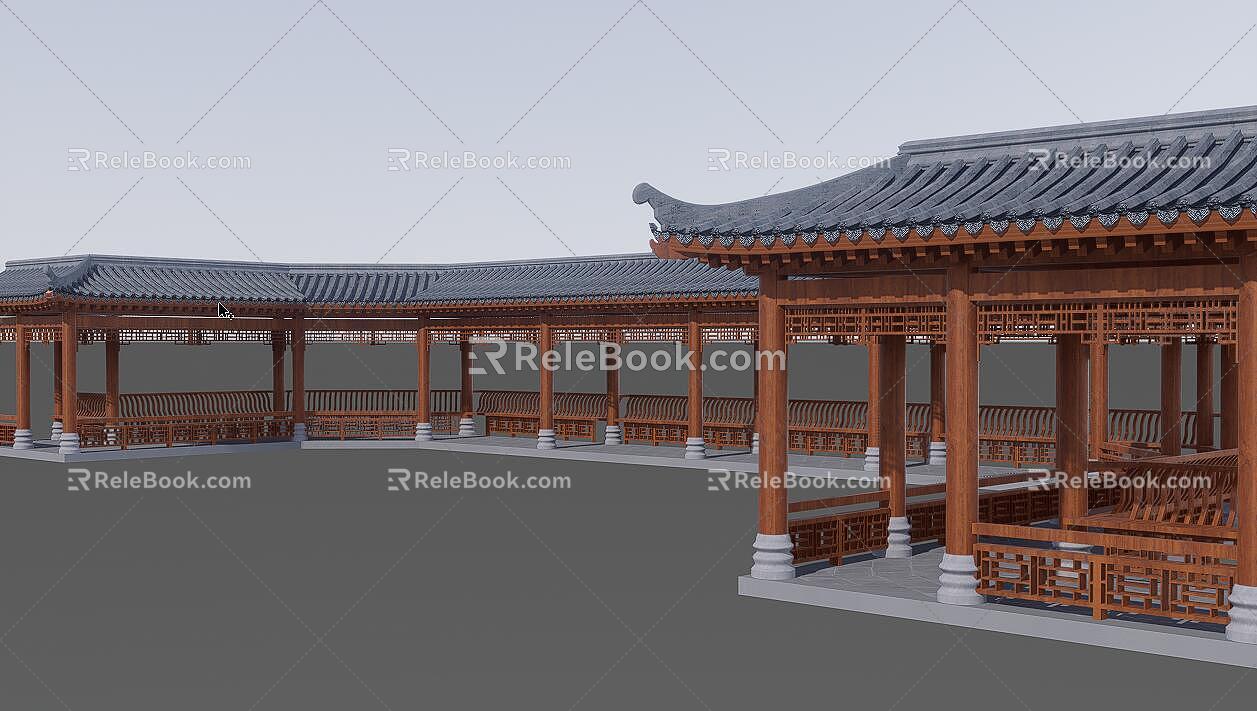 Ancient Building Corridor Leisure Corridor Frame Traditional Chinese Style model