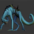 Detailed Blue Creature Character as Game Movie Mount with Long Neck Tail and Saddle Gear