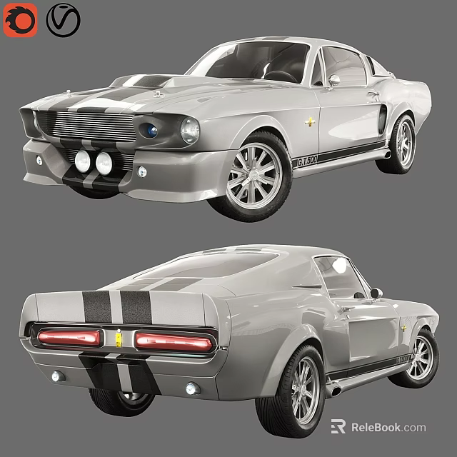 Classic Silver Sports Car With Black Stripes Two Door Retro Design And Rear Lights 3d model 