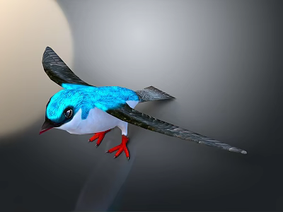 Flying blue and white bird with black wings and red claws in grey gradient background 3d model