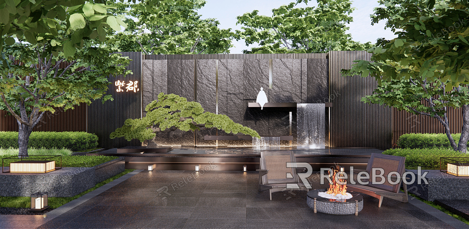 Modern Courtyard Dropping Water Landscape Wall Pine Water Landscape Outdoor Chair Courtyard Garden Zen Landscape model