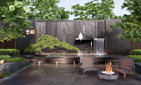 Modern Courtyard Dropping Water Landscape Wall Pine Water Landscape Outdoor Chair Courtyard Garden Zen Landscape 3d model