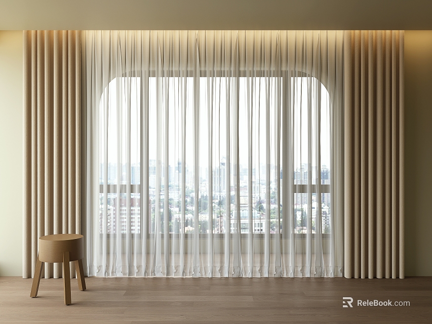 Sheer White And Beige Curtains For Arched Window With City View And Wooden Floor 3d model 