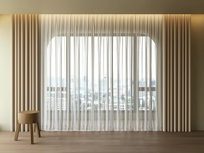 Sheer White And Beige Curtains For Arched Window With City View And Wooden Floor 3d model