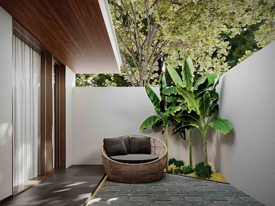 Cozy Garden Outdoor Space With Wicker Sofa Banana Tree And Slate Floor 3d model