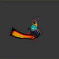 Cartoon Bird In Red Headscarf On Blue Rocket With Red Flames Purple Star Yellow Particles