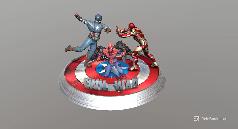 Avengers Civil War Action Figure With Captain America Iron Man Spider Man On Shield Base 3d model 