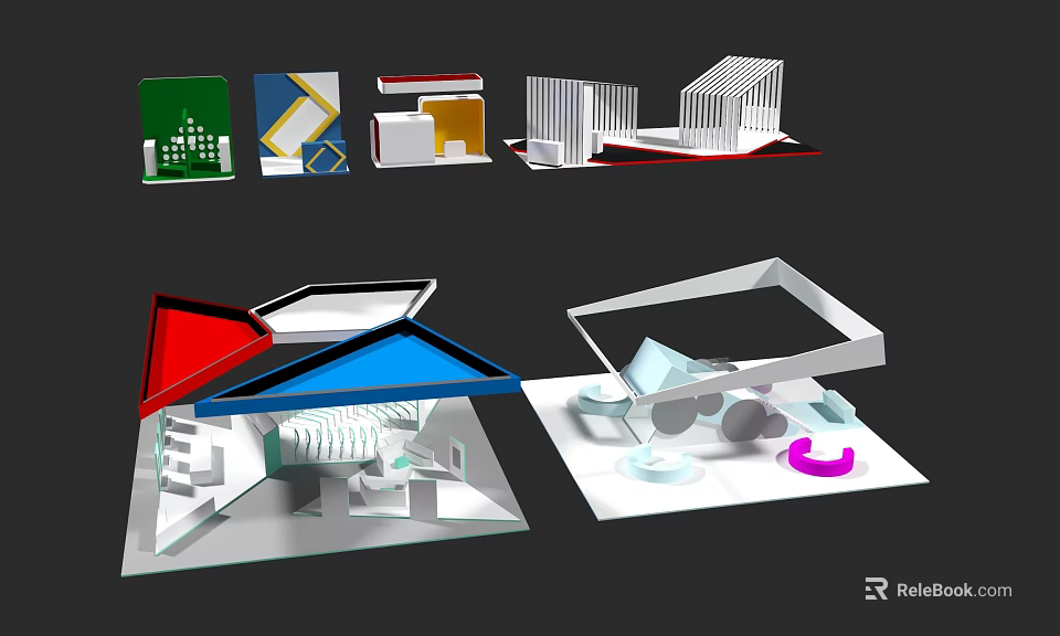 Modern Display Cabinets and Shelves Featuring Geometric Shapes Various Colors and Transparent Parts 3d model 