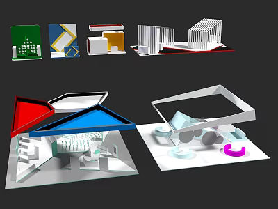 Modern Display Cabinets and Shelves Featuring Geometric Shapes Various Colors and Transparent Parts 3d model