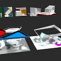 Modern Display Cabinets and Shelves Featuring Geometric Shapes Various Colors and Transparent Parts