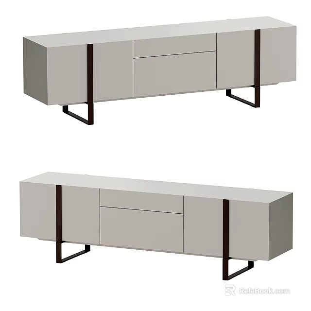 Modern Minimalist TV Stand Design With Light Toned Cabinet And Black Metal Legs 3d model 