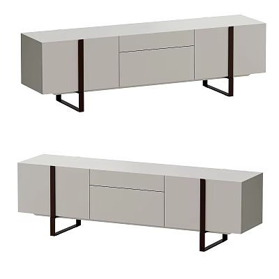Modern Minimalist TV Stand Design With Light Toned Cabinet And Black Metal Legs 3d model