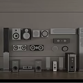 Modern Headphones And Speakers Collection With Floor Standing Bookshelf And Subwoofer Units